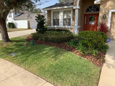Front yard of a home with a full green lawn and trimmed bed by the entry