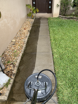 Surface cleaner on a narrow side-yard walkway next to the lawn